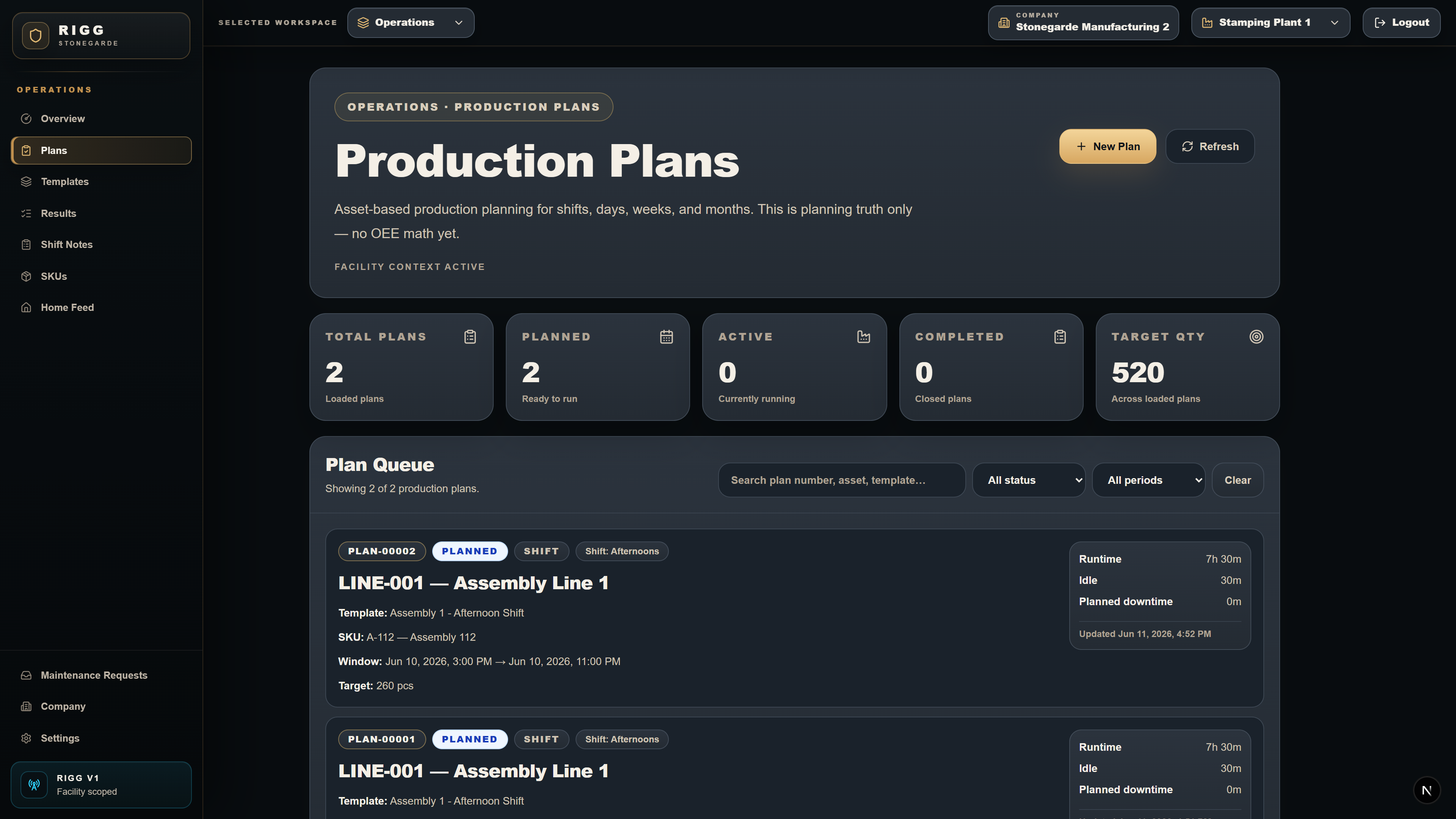 RIGG operations planning screen